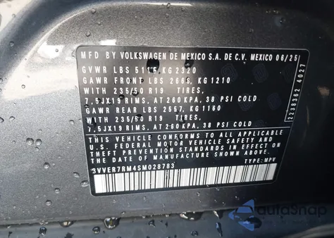 2025 Volkswagen Tiguan 2.0T Se z USA, uszkodzony, nr VIN 3VVER7RM4SM028783